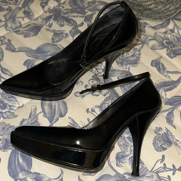 Prada Patent Leather Black Ankle Strap Heels Shoes Pumps 7